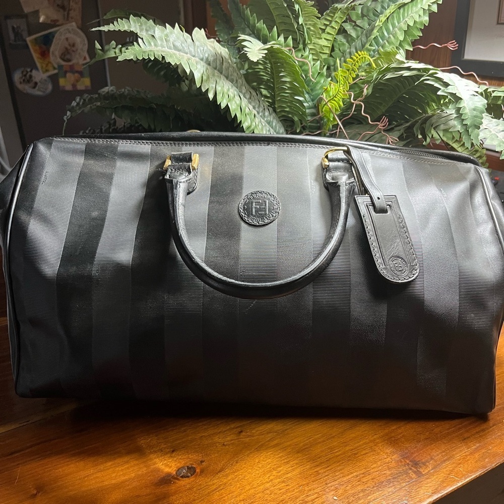 Fendi Black Striped Duffel Bag travel with strap. Convertible Boston bag